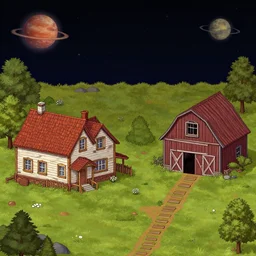 next to a farm house and a barn, with foot steps leading to the barn, on a remote planet, from a space themed point and click 2 d graphic adventure game, detailed, set design inspired slightly by hg giger, art inspired by thomas kinkade