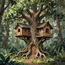 concept art painting of a forest with treehouses made of trees and roots, doors and windows inside trees, vines, deep forest, realistic, detailed, cel shaded, in the style of makoto shinkai and greg rutkowski and james gurney