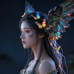 hyperrealism, night background, studio light, profile portrait of a goddess real face jellyfish phoenix butterfly crow wings, female, artwork by famous digital artists. octane render, trending on artstation, cinematic, hyper realism, high detail, octane render, 8 k