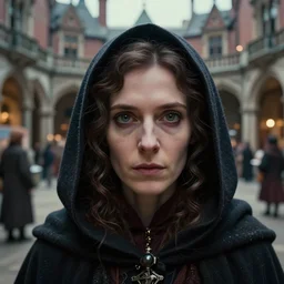 detailed face of an intelligent cloaked scholarly woman with kind eyes in a architectonic victorian courtyard at a science expo, atmospheric, ambient, pj crook, syd mead, livia prima, artgerm, greg rutkowski, nick alm, casey baugh