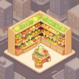 Fruit Store in a big city, isometric game asset, digital art, simple style, detailed drawing, artstation