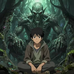 The teenage son of an ancient, Lovecraftian god hiding in as humanoid dressed like a homeless person in the style of shonen/slice of life anime detailed realistic High Resolution HD 8k