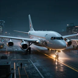 immense futuristic jet plane arrives at runway of cyberpunk airport at night ,cinematic lighting, realistic photo , concept art