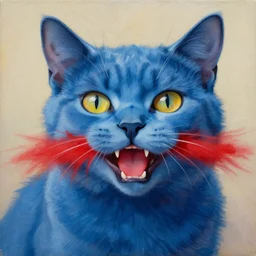 blue cat with red sable in the mouth. painting by greg rutkowski