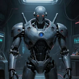later 8 0's anime dystopian cyberpunk movie still : : cyber hall interior art : : biomechanical evil buff robot : : somber far future cables lab shadowed background : : faceless staring murderously