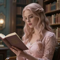 cinestill 5 0 d wide portrait of a dreamy beautiful woman britt marling 3 / 4 by roversi taking a book in a dystopian fantasy library, long hair, wearing lace, 8 k, elegant, highly detailed, pale pink matt, soft blur, artstation, sharp focus, head in focus,