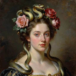 a single portrait of the queen with a headpiece of entwined snakes and roses by Jovana Rikalo, by ruan jia, by austin osman spare, by tom bagshaw, a delicate oilpainting, highly ornamental