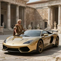 maximus in his fancy sports car from year 452 in ancient Rome, ultrarealistic, cinematic, 4k