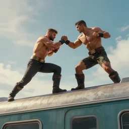 close up of two people fighting on top of a train, artstation, epic, by greg rutkowski, sharp detail