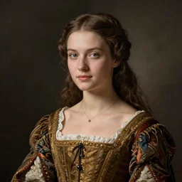 half - bust portrait of beautiful young woman in renaissance dress, art by irina jonesco