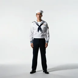 confident sailor in uniform, cinematic studio photo, full body, standing, isolated on a pure white background, centered, whole figure in frame, sharp focus, studio lighting