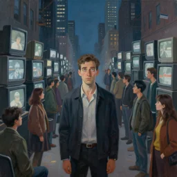 detailed painting of a man standing alone in a city with his eyes open but everyone else is on the side staring at crt television screens everywhere.