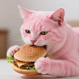photo of a pink cat, biting a hamburger, munching on a hamburger, eating a hamburger, pink cat