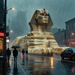 a futuristic science fiction street scene of the sphinx on a rainey day, lights, reflections, by simon stalenhag and greg rutkowski