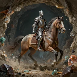 a knight riding a horse in a cave full of minerals, digital art, well detailed, trending on artstation