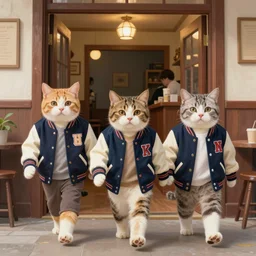 a beautiful artwork of three cats in varsity jackets entering a club by arthur sarnoff, featured on artstation