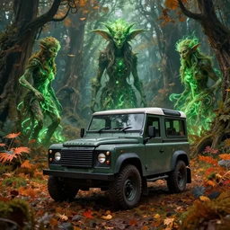 Land Rover Defender 110 (1985), The Elder Scrolls V: Skyrim, Riften, The Rift, an epic fantasy, autumn, living flora, spriggans, humanoid flora, green floral energy going through spriggans, wooden forest spirits, dramatic lighting, cinematic, establishing shot, extremely high detail, photorealistic, cinematic lighting, artstation, by simon stalenhag