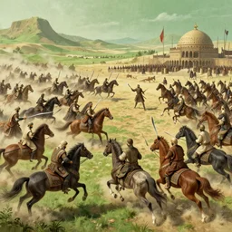 detailed matte painting by greg rutkowski and marc simonetti : old islam army about to enter a war with swords, realistic, fighting, horses, desert, green cinematic theme, 8 k detailed, artstation, uhd, sharp details, extremely detailed scene