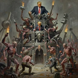oil paint of 1 1 horrifying angular machines dressed like donald trump, flayed gods, in tiers, colossal medical equipment melee, battle pit, by wayne d barlowe, boris vallejo, stefano tamburini, torch light, muted colors, epic, hyper detailed, awe inspiring, award winning horror, hyper realism, cinematic