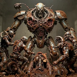 movie still of flayed god machines, cluster battle chaos, intricately macerated by age, sentient, dethroned goliath machine, blood turbines, hydrocracking battles, rusted, macerated, eviscerated by fimbria wires, bicornate fungal pit, trash patina sheen rotting, by alberto bontempi, alex ross, shigeru komat