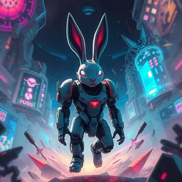 anthropomorphic rabbit robot with human characteristics in a futuristic arena, digital art, epic composition, fantasy cyberpunk, explosion of color, highly detailed, in the style of jakub rebelka artstation, in the style of jake parker, in the style of conrad roset, swirly vibrant colors, sharp focus