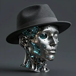 a head made out of metal and glass melting, dark palette, it is wearing a hat and a veil, there are flowers all around it, blue paint melting, vogue cover style, greg rutkowski style