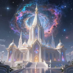 a beautiful celestial temple outside of time and space, dreamy, ethereal, eternity, the universe, cosmic, majestic, interstellar, iridescent sky, vibrant, nebula, digital art, airbrush, intricate, epic, depth, artstation, highly detailed, octane render, 8k