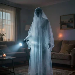 coloured atmospheric 2 0 0 0 digital photo of a realistic wraith transparent smoky figure in a interior of living room flashlight light