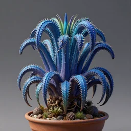 a photograph of a blue fantasy futuristic beautiful dangerous sci fi hybrid tropical desert mutant weird exotic poisonous flora plant in a pot, hyper realism, octane render, 8 k, hyper detailed, vivid, ultra detailed, highly detailed