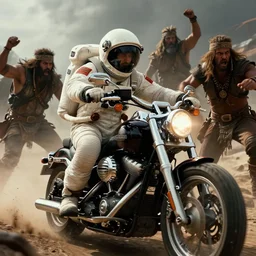 american astronaut driving harley davidson motorcycle, tribe members attacking, furious action scene, an epic fantasy, dramatic lighting, cinematic, establishing shot, extremely high detail, photorealistic, cinematic lighting, artstation, octane render, by simon stalenhag, horizon forbidden west