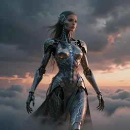 biblical beautiful female sixhanded shive android, storm, glowing veins, in clouds, sunset, portrait, by peter elson, muted colors, extreme detail, reflections, trending on artstation, 8 k
