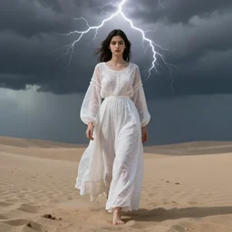 a wonderful symmetrical portrait of goddes with a beautiful face dressed with a long white semi transparent and ornate cotton dress is walking in a sand, behind here there is a storm, one flash on top, one flash in front of her, artstation, octane render 8 k