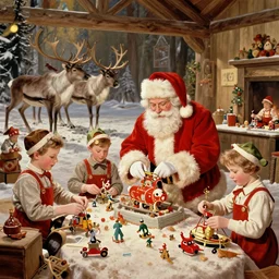 santa's workshop at the north pole with elves working on toys and reindeer in the background, norman rockwell, warm colors, high detail, vintage