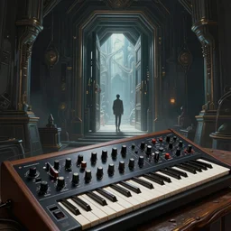 an analog modular synthesizer with a doorway to eternity, sci-fi, intricate, cinematic lighting, highly detailed, digital painting, artstation, concept art, smooth, sharp focus, illustration, art by Artgerm and Greg Rutkowski and alan lee