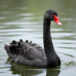 a long necked black swan with the facec of an ape, swimming in the lake. portrait photography, high definition, 4 k, 8 k, popular on national geographic, highly detailed feathers.