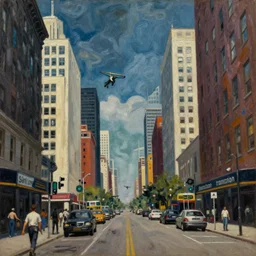 very low angle. very detailed painting by lucian freud, futuristic. dreamlike. weird. horrific. something is wrong. city street at 1 9 5 0 s. low angle. old photo. atmospheric. skyscrapers. vivid colours, mysterious. epic scene. trending on trainstation. 4 k. very high detailed.