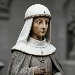 realistic photo portrait of a a medieval wooden sculpture of a female monk dressed wearing in white spherical hat helmet made of wood, sci - fi, greyscale 1 9 9 0, life magazine photo, natural colors,