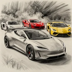 extremely modern car concept art, pencil drawing, tesla, ferrari, lamborghini, drawing by pen tecula