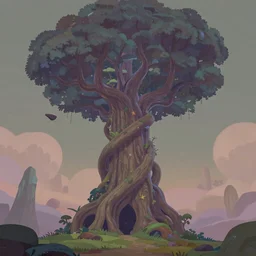 extremely tall ancient knotted twisted otherworldly tree portal through space and time :: cel shading, toon shading, dreamworks, dreamworks animation style, fujifilm x100v, muted colors, dull colors, pastel colors, lots of colors, colorful, 3D rendered by substance designer, substance designer render
