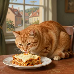 fat orange tabby cat eating lasagna on a table, afternoon, renaissance painting, neighborhood outside window