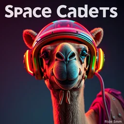 movie poster, title text space cadets, text ride on, a funny camel head with a steampunk space helmet with multicolored glowing tubes and cables, crisp, trippy, fluorescent colors, insanely detailed, 3 d render, front shot, 3 5 mm