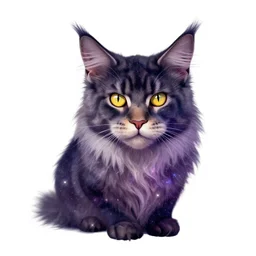 galaxy shaped like a maine coon cat with yellow eyes, digital art