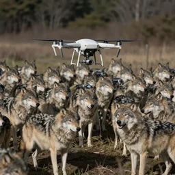 a uav with own shaddow is searching a large group of wolves