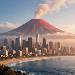 futuristic city of los angeles with humongous volcano in the background, view from the sea, sunrise, hyperdetailed, artstation, cgsociety, 8 k