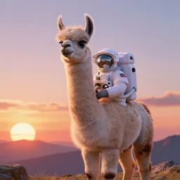 llama as an astronaut, sunset, mountain, by disney pixar, highly detailed