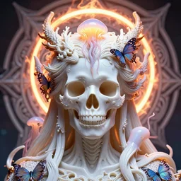 demon goddess close-up portrait skull, jellyfish phoenix dragon, butterfly squid, burning halo, white plastic. mandala blurred background intricate artwork by Tooth Wu and wlop and beeple, greg rutkowski, very coherent symmetrical artwork, cinematic, hyper realism, high detail, octane render, unreal engine, 8k, Vibrant colors, Smooth gradients, High contrast, depth of field