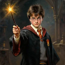 An Oil Painting Of Harry Potter And His Wand, Epic, Cinematic, 4K