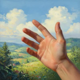 a stunning illustration that depicts a human hand reaching towards a beautiful scenery, hyper-detailed masterpiece