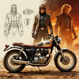moebius and ralph mcquarrie style, vintage classic motorcycle, technical drawing, mad max fury road,, star wars dune, blade runner 2 0 4 9
