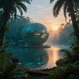 urbex by ludwig mies van der rohe, lake morning sun sunlight fantasy atlantis at dawn uv light junglepunk myst desert at dusk, archdaily, wallpaper, highly detailed, trending on artstation.